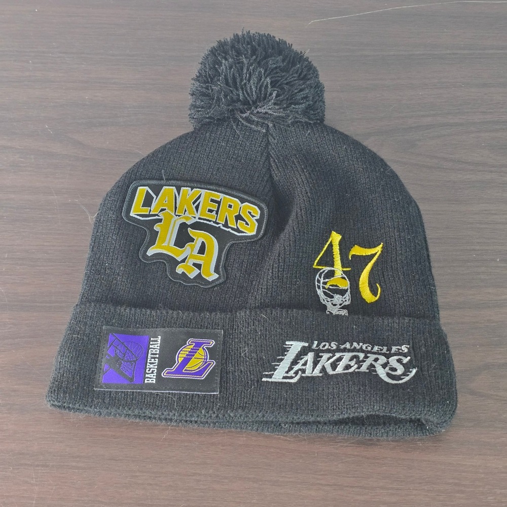 Los Angeles Lakers NBA Ultra Game Black Multi Patch Pom Beanie Fleece Lined Hat